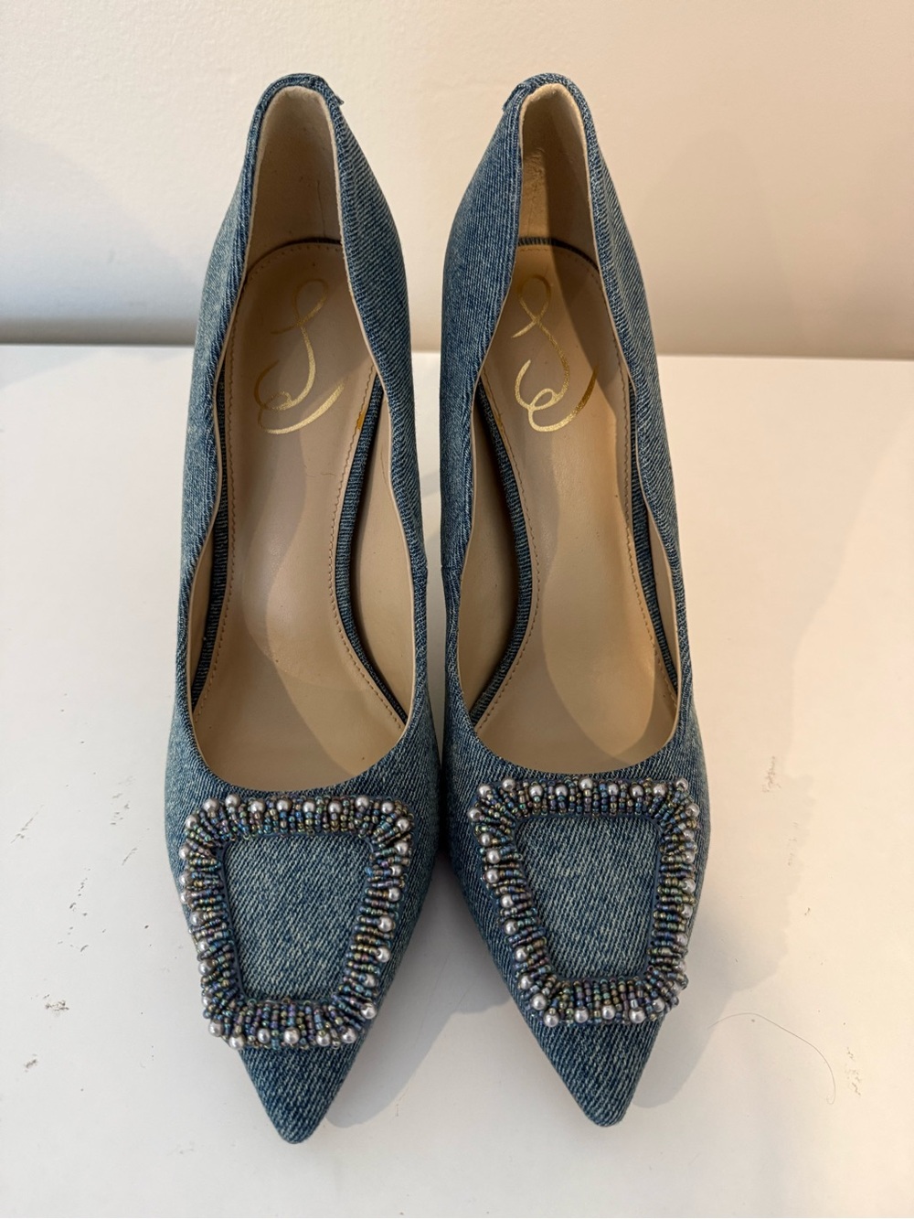 Sam Edelman Blue Denim Beaded Buckle Pointed Toe Stiletto Pumps Size 9